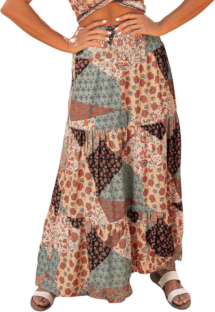 Happy Sailed Womens Floral Print Boho Maxi Skirt Elastic High Waist Pleated Ruffle Flowy Long Skirts (Orange, M)