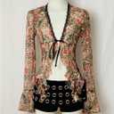 Floerns Women's Floral Mesh Long Sleeve Boho Tops V Neck Tie Front Ruffle Fairy Going Out Blouses Top (Brown, L)