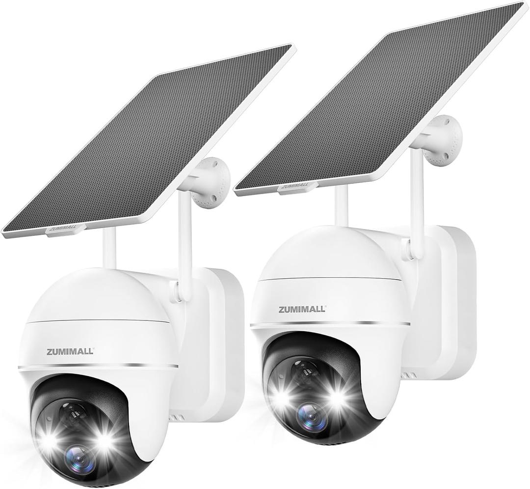 ZUMIMALL Security Cameras Wireless Outdoor - 2 Packs, 360View Outdoor Camera Wireless Solar Powered,2.4G WiFi, Spotlight/Siren//3MP Color Night Vision/AI Detection/IP66/Cloud/Alert, Work with Alexa