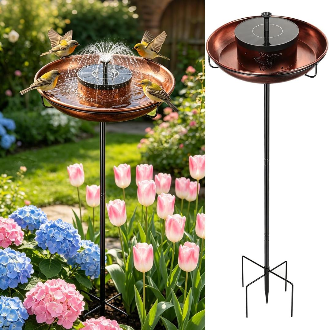 Metal Bird Bath with Solar Fountain for Outside, 38.8” Standing Metal Bird Bath, Removable Birdbaths Bowl with Ground Stake Outdoor Bird Bath for Garden, Yard, Patio, Lawn, 1 Gallon