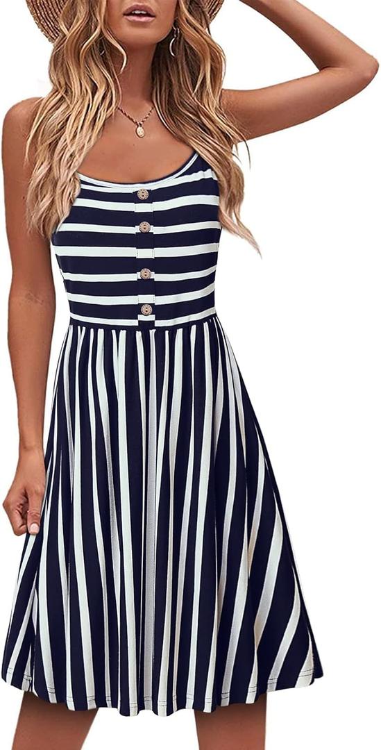 MOQIVGI Womens Spaghetti Strap Button Detail Pleated Summer Casual Stripe Dresses (Medium, Black White)