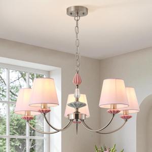 Pink Chandelier for Bedroom Light FixtureBrushed Nickel Art Deco Chandelier with Fabric Shade,Antique Modern Chandeliers paired with Ceramic for Girls BedroomLiving RoomDining Room