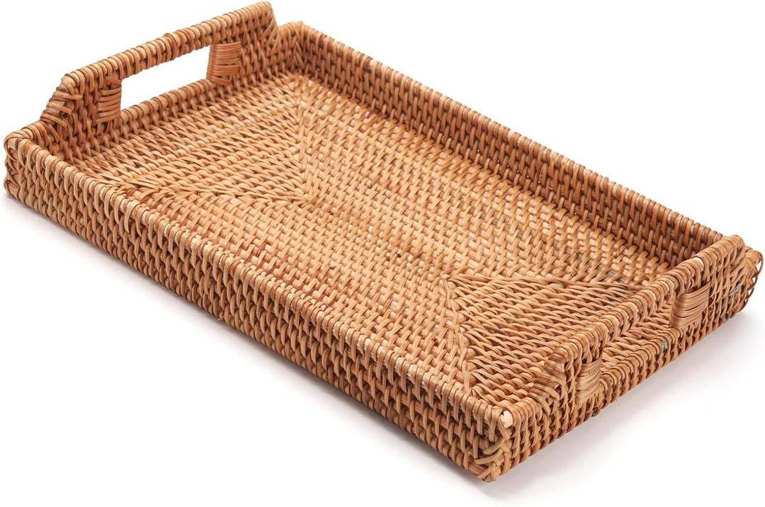 Rattan Serving Tray, Hand Woven Tray with Handles, Rectangular Wicker Basket Tray for Coffee Table Home Decor (14.5 x 10.2 x 1.4 inch)