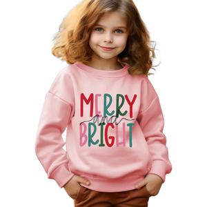 Merry and Bright Sweatshirt Kid Boy Girl Christmas Letter Print Pullover Crewneck Long Sleeve Shirt Tops 6-7 Years (Pink)