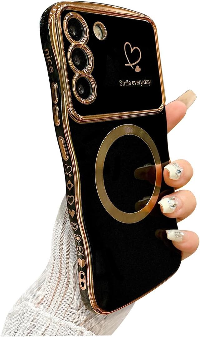 ZONRW for Samsung Galaxy S22 Case Magnetic,for Women Girls Soft Cute Wave Frame Curly Shape Love Heart Luxury Plating Phone Case Compatible with MagSafe Shockproof Back Cover 6.1"-Black