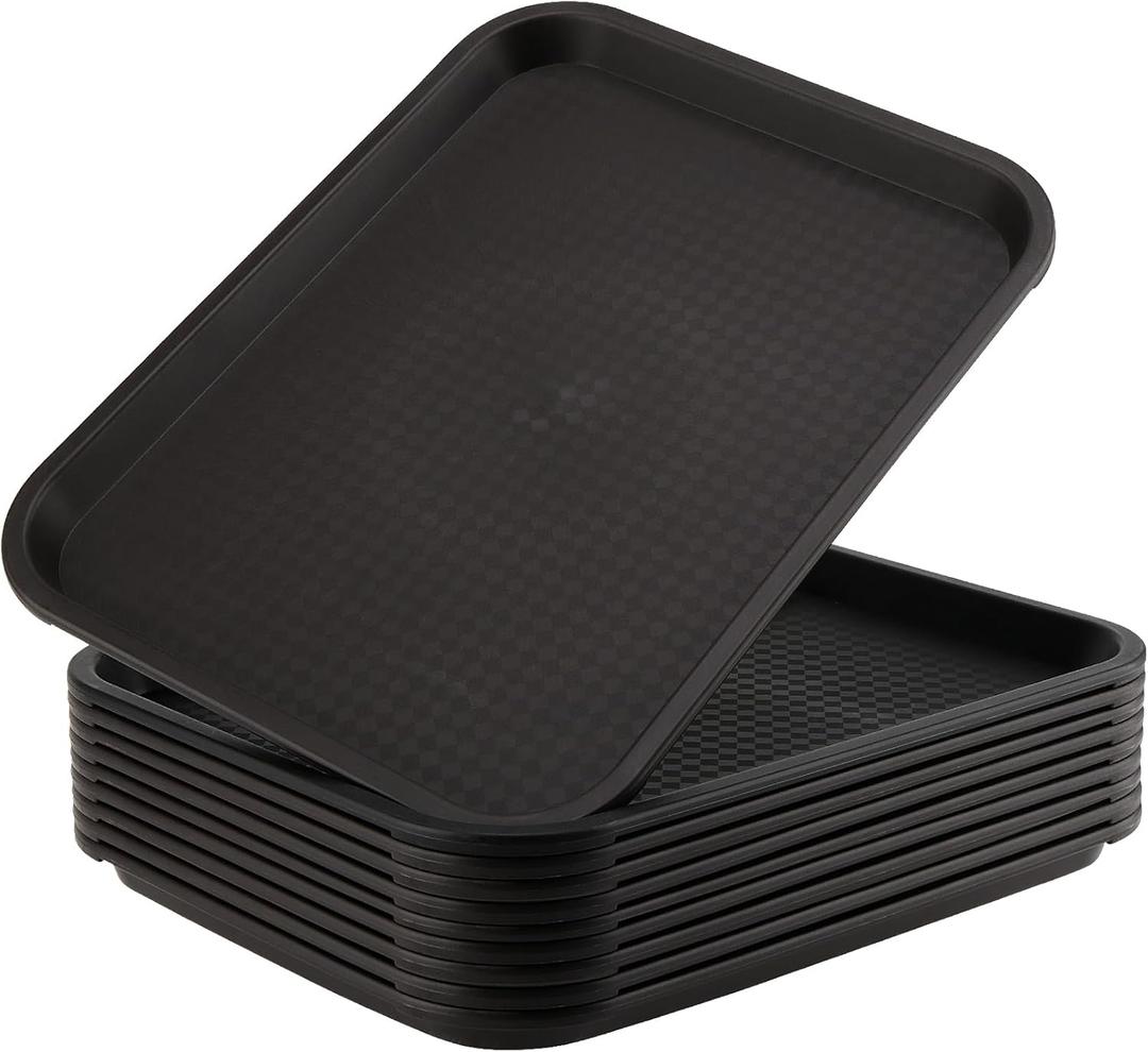 ZOENHOU 10 Pack 16 x 12 Inch Plastic Fast Food Tray, Rectangular Cafeteria Trays Food Serving Tray Bulk, Large Restaurant Lunch Trays for Serving Food Home Restaurant Dinning Room Organization, Black