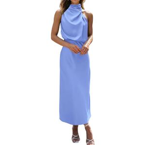 BTFBM Cocktail Dresses for Women Summer Satin Silk Sleeveless Mock Neck Maxi Wedding Guest Dress Spring Outfits 2026 (Blue, XL)