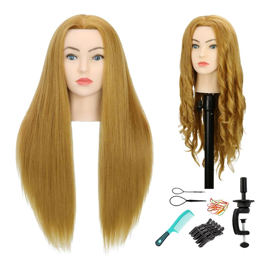 28" Mannequin Head with Human Hair Light Brown 80% Real Hair Blue eyes Styling Practice Mannequin Head Doll head for Cosmetology & Hairdresser with Free Clamp Stand and Tools27#