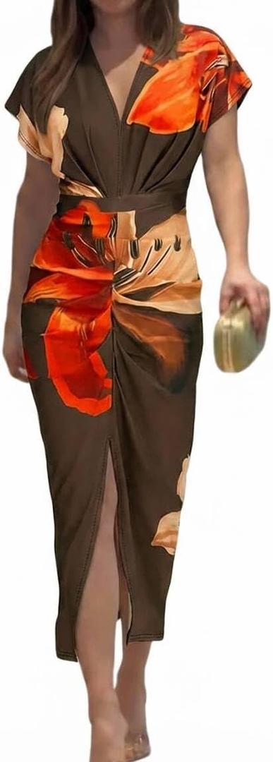 CHICME Summer Dresses for Women Floral Print Plunge V Neck Midi Dress Casual Ruched Slit Bodycon Party Dress L