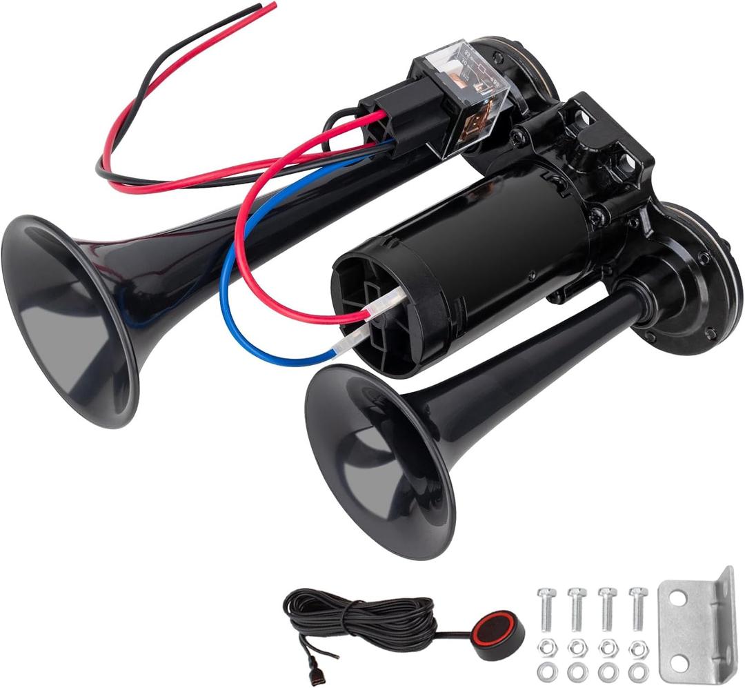Train Horns for Truck, 12v Black Integrated Dual Tube Air Horn with Compressor and Button, Loud Horn with Relay Wiring Harness kit for Any 12V Vehicles