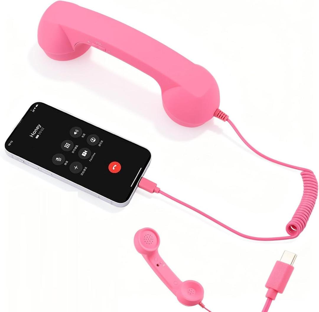 Retro Phone Handset for iPhone & Android, Cell Phone Receiver with Microphone & Speaker,90s Style Prop for Photos, Classic Vintage Telephone Receiver for Cell Mobile Phones (Pink)