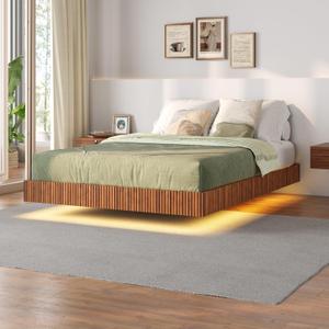 Tatub Walnut Full Floating Bed Frame with LED Lights, Fluted Mid Century Modern Floating Platform Bed with Heavy Duty Metal Slats, No Box Spring Needed (Brown)