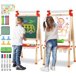 JOYOOSS Kids Wooden Easel with Paper Roll - Adjustable Magnetic Double Sided Drawing Board Whiteboard & Chalkboard Dry Easel Board,Children Art Easel for 3~12 Years Kids Boys Girls Painting Drawing, 50" H X 21" W X 18" D