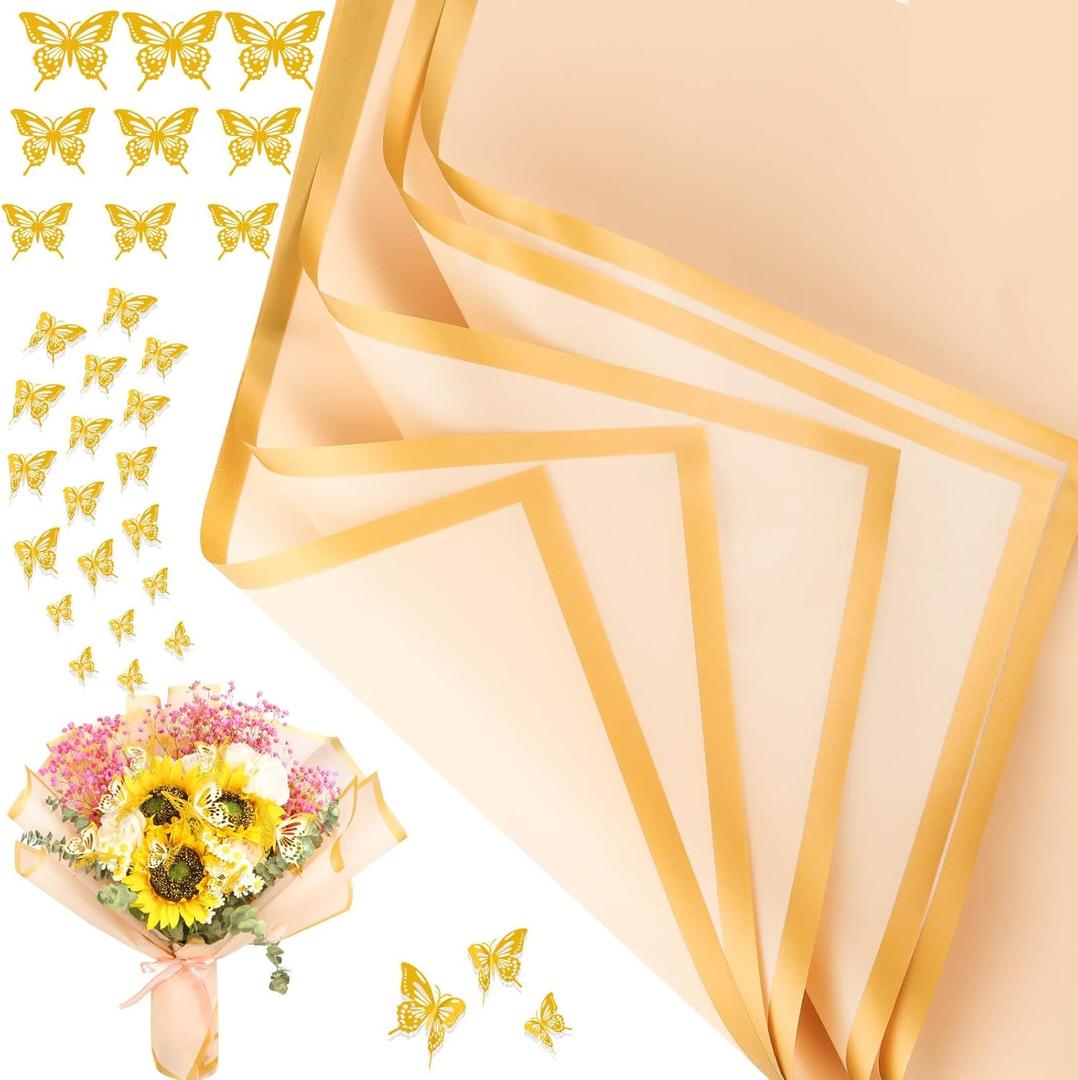 cridoz 20 Sheets Flower Bouquet Wrapping Paper with 12 Pieces Gold Butterfly Decorations for Flower Bouquets, Gift Wrapping(Champagne)