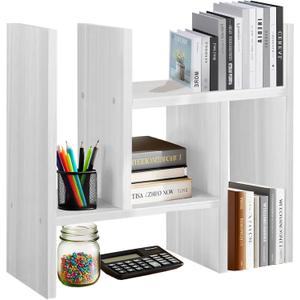 White Desk Organizer Shelf Wooden Desktop Bookshelf Adjustable Desktop Organizer Shelves Small Book Shelf for Office Desk Supplies Home Storage Natural Stand Decor (1*)