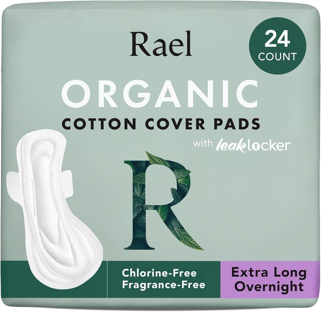 Rael Pads for Women, Organic Cotton Cover - Period Pads with Wings, Feminine Care, Sanitary Napkins, Ultimate Absorbency, Postpartum, Unscented, Ultra Thin (Extra Long Overnight, 24 Count)