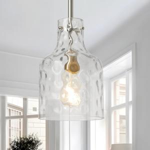 WILON Modern Glass Pendant Lighting for Kitchen Island, Farmhouse Pendant Lights for Dining Room Kitchen Sink, Adjustable Hanging Ceiling Light 7" Hammered Glass Shade, Brushed Nickel Metal Finish, 1-Light-Large
