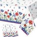 3 Pack Patriotic Poppy Flower Tablecloth Decorations, 4th of July Plastic Table Cover, Watercolor Red White and Blue Party Decorations for Patriotic Independence Veterans Memorial Day, 54 x 108 Inch