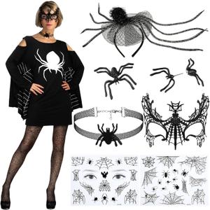 Bonuci 7 Pcs Spider Halloween Costumes for Women Plus Size Black Spider Web Dress Headband Accessories Cosplay Party(4X-Large)