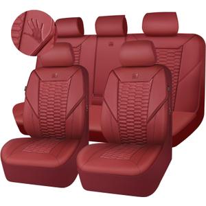 CAR PASS 3D Foam PU Leather Car Seat Covers Full Set,Luxury Breathable Faux Leather Seat Covers for Car,Anti Slip Universal Fit for SUVs Vans Sedan Trucks Automotive,Armrest Airbag Compatible Burgundy