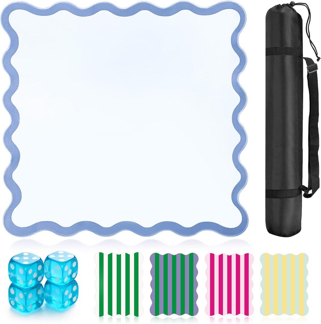 32.4in Scalloped Mahjong MatAnti Slip Noise Reduction Mahjong Accessorie Mahjong Table MatComes with 4 Dice and 1 Mahjong Mat Storage Bag,4 Mahjong Shuffle Cards(Blue)