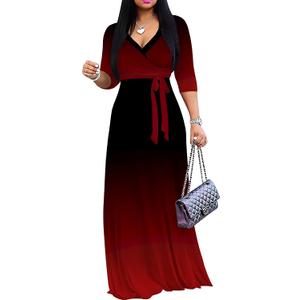 PinkPatty Women's Gradient Maxi Dress 3/4 Sleeves V Neck Cocktail Party Dress Belted Wrap Dresses 3XL