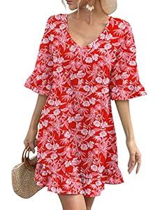 LuckyMore Women Beach Cover Ups Boho Kimono Bathing Suit Swimsuit Cover Up Shirt Dress Swimwear Red M