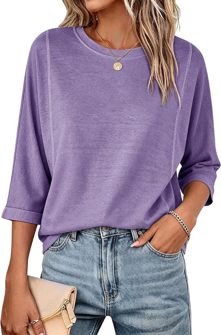 Fanway&EC Women's Casual Summer Tops 3/4 Sleeve Crew Neck T Shirts Loose Fit Tunic Blouses Tee (Purple, XXL)