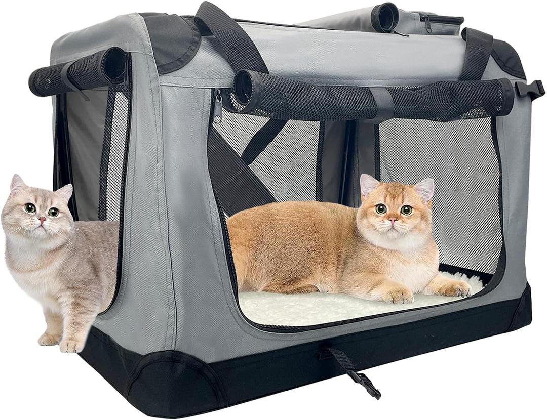 Fhiny Large Cat Carrier for 2 Cats, 24"x17"x17" Soft Dog Crate Collapsible Portable Travel Pet Carrier Bag Durable Breathable Foldable Kitten Carrier Bag for Puppy Cats Under 45 Lbs Grey