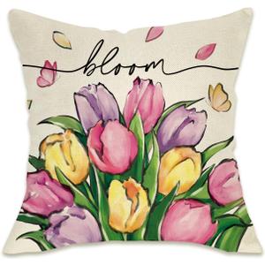 Fahrendom Spring Summer Tulip Flower Decorative Throw Pillow Cover 20 x 20, Bloom Floral Petal Porch Patio Outdoor Pillowcase, Seasonal Sofa Couch Cushion Case Home Decor