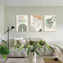 Esejchiam 3pcs Abstract Boho Style Wall Art Green Plant Canvas Prints Poster Pictures Simple Geometric Lines Beige Green Paintings Decoration for Living Room Bathroom Bedroom Wall Decor Unframed