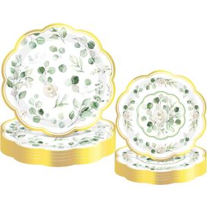 Mumufy 100 Pack Eucalyptus Floral Paper Plates Sage Green Dinner Decoration 9 & 7 Greenery Disposable Watercolor Dessert Plates for Wedding Birthday Baby Shower Bridal Party Supplies