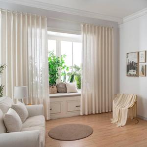 Faux Linen Beige Sheer Curtains 108 Inches Long 2 Panels, 50 Inches Width, Semi-Transparent Hook Curtains, Suitable for Bedroom and Living Room, Size: 50"W x 108"L