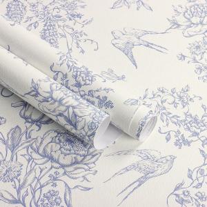 Floral Peel and Stick Wallpaper Vintage Contact Paper 16.9"x 118.1" Cream White and Blue Wallpaper Peel and Stick Floral Birds Self Adhesive Removable Wall Paper for Bedroom Bathroom Vinyl