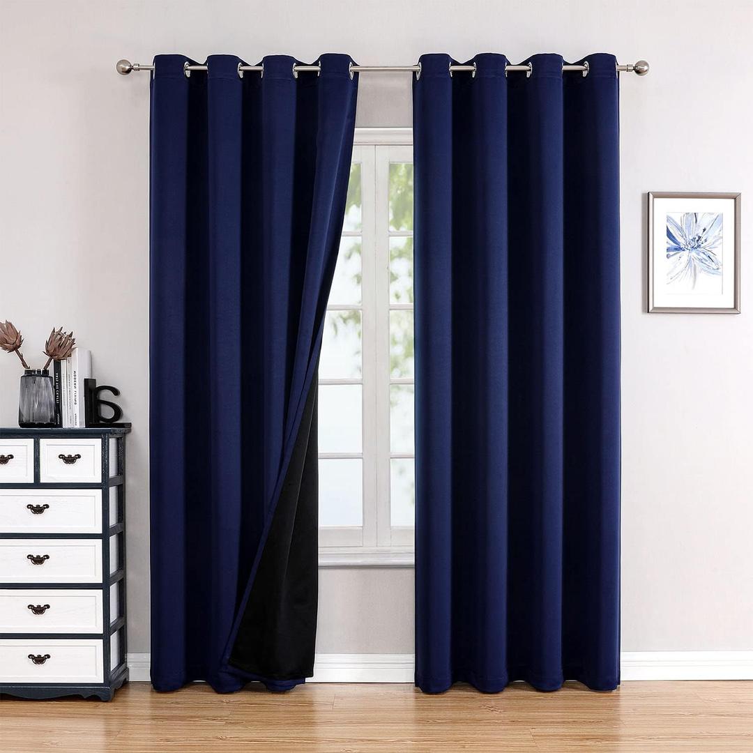 ChrisDowa 100% Blackout Curtains 120 inch Long for Bedroom with Black Liner, 2 Thick Layers Total Blackout Thermal Insulated Grommet Long Window Curtains 2 Panels Set (Navy Blue, 52 x 120 Inch)
