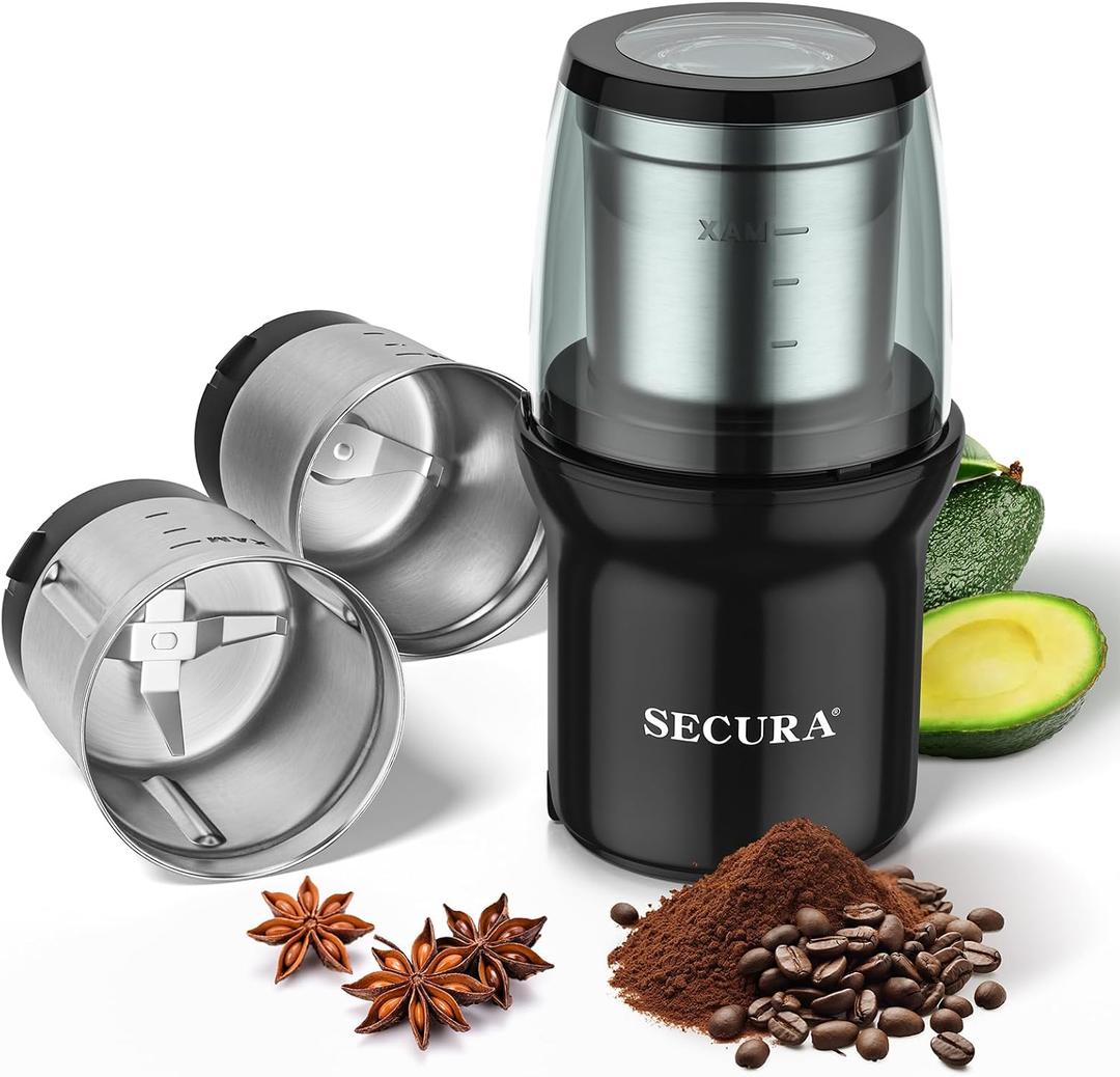 Secura Electric Coffee Grinder and Spice Grinder with Stainless Steel Blades, 2 Removable Bowls, Black