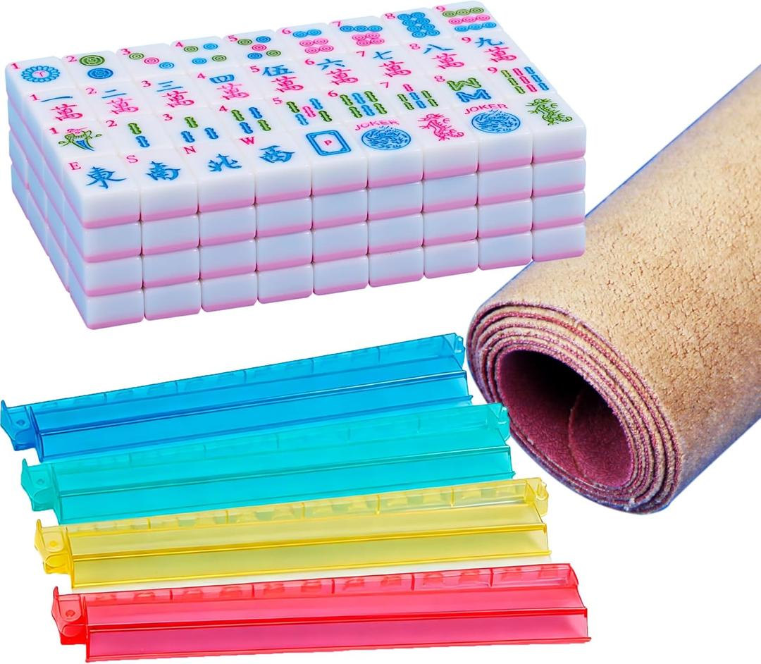 Pink American Mahjong Set 1.2-inch Mahjong Tile Set 166 Pieces American Mahjong Tile Set with Mahjong Table Mat and Mahjong Racks with Pushers