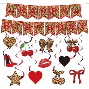 Pasimy Cheetah and Cherry Birthday Party Decorations Red and Black Leopard Print Birthday Banner and Cheetah Print Hanging Swirls Backdrop Decor for Women Girls Gone Wild Party Decorations Supplies