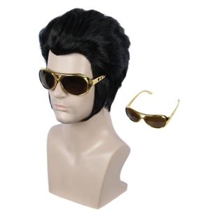 Linfairy Short Slicked Back Black Wig with Glasses Halloween Cosplay Costume Wigs for Men