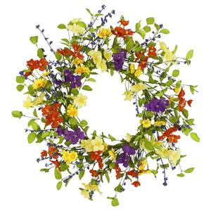 YNYLCHMX 18" Spring Summer Wreaths for Front Door, Artificial Floral Wreath with Colorful Wild Flowers Dicotyledons Berries, Green Foliage Wreath for Wall Window Farmhouse Party Holiday Home Decor