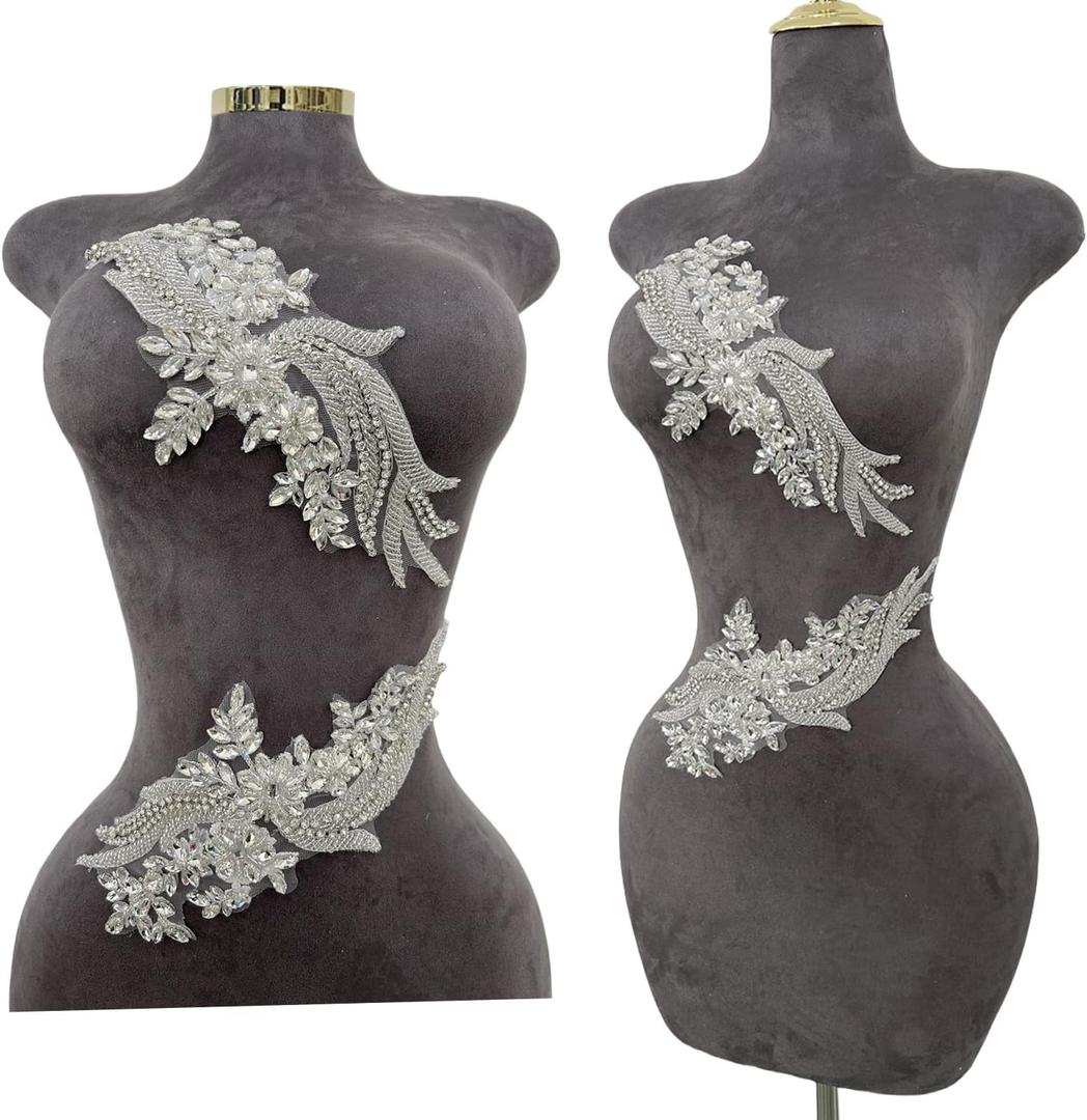 Handmade Rhinestones lace Trim Patches Handsewing Beads Bodice Applique for Dress DIY Accessories 1pair/Set (Silver)