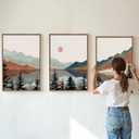 Tinonedraw Boho Mountain Framed Canvas Wall Art Set, Watercolor Nature Landscape Wall Decor, Black Pine Forest Artwork, Modern Sunrise Art Prints for Living Room, Bedroom, Office 16"x24"x3