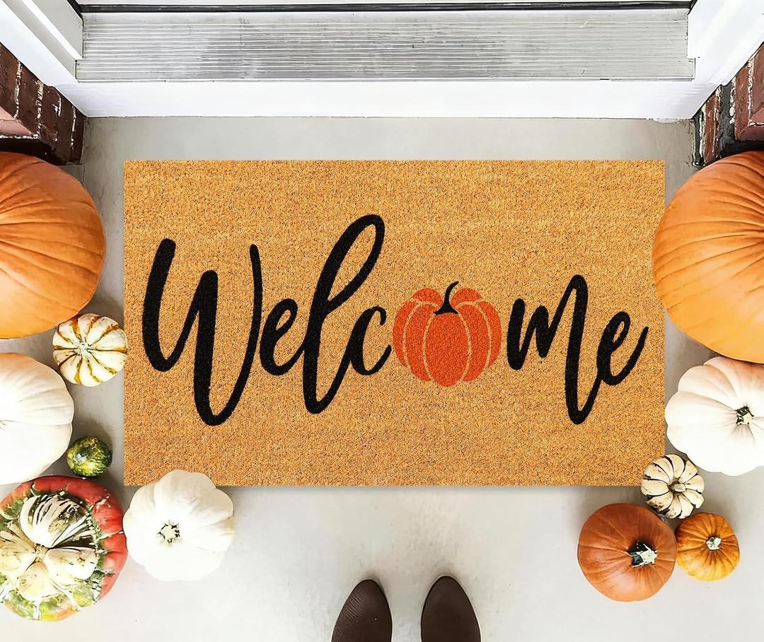 Fall Thanksgiving Natural Coir Doormat Cute Autumn Pumpkin Welcome Floor Mat Non-Slip Entrance Door Rugs for Indoor Outdoor Thanksgiving Home Bathroom Decor, 16.5 x 29 Inch