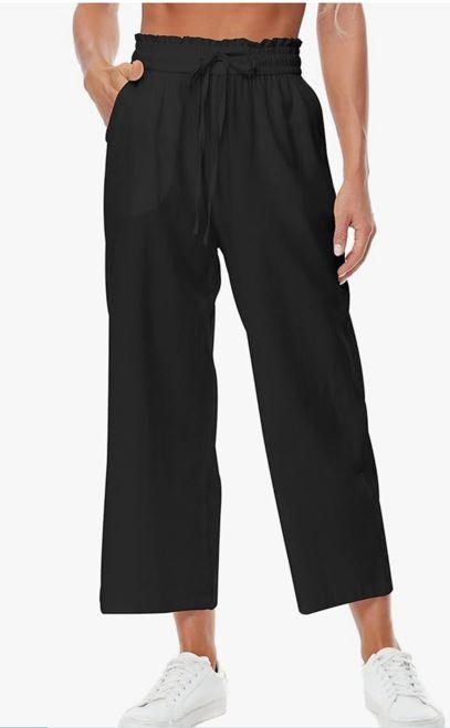 Womens Linen Pants Wide Leg High Waisted Drawstring Casual Flowy Pants with Pockets , 2 XL