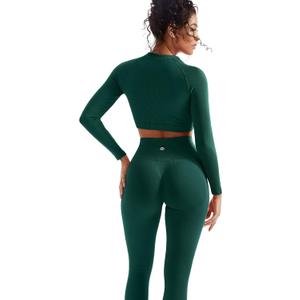 SUUKSESS Women 2 Piece Workout Sets Hidden Scrunch Hip Lifting Seamless Leggings Long Sleeve Yoga Crop Tops (Large, Green)