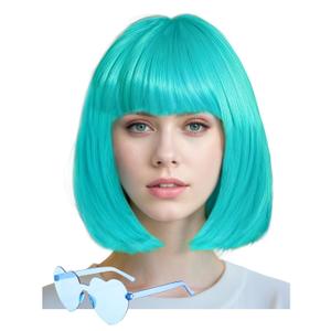 Wig and Sunglasses 12 Inch Short Bob Wigs with Bangs for Women Costume Cosplay Party (Turquoise)