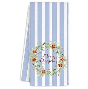 WUCHJ Christmas Wreath Kitchen Towels, Floral Wreath Christmas Hand Towels for Bathroom, Preppy Xmas Blue and White Striped Holiday Decorative Dish Tea Towel, 16x24 Inch