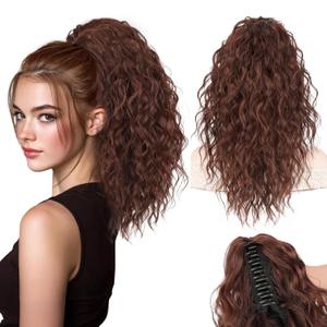 Stamped Glorious Ponytail Extension 18" Curly Wavy Pony Tail Claw Multi Layered Clip on Ponytail Extension Fluffy Natural Looking Synthetic Hair Piece for Women(Omber Almand Brown)