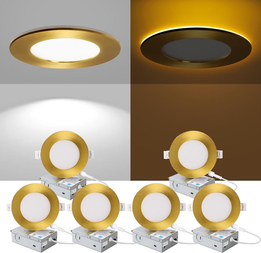 ZYC Recessed Lighting 4 Inch - 9W 800LM LED Recessed Ceiling Light with Night Light,2700K/3000K/4000K/5000K/6000K Selectable Ultra-Thin Lighting,Dimmable Canless Wafer Downlight,Pack of 6Gold. (4inch || 6PACK)