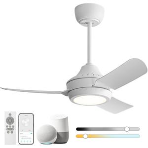 36 Inch Ceiling Fans with Lights,Ceiling Fan with Light and Remote Control Smart Ceiling Fan,Noiseless Reversible DC Motor,3 Blade Ceiling Fans 6-Speed 3 CCT,Ceiling Fan for Indoor/Outdoor, 36inch white